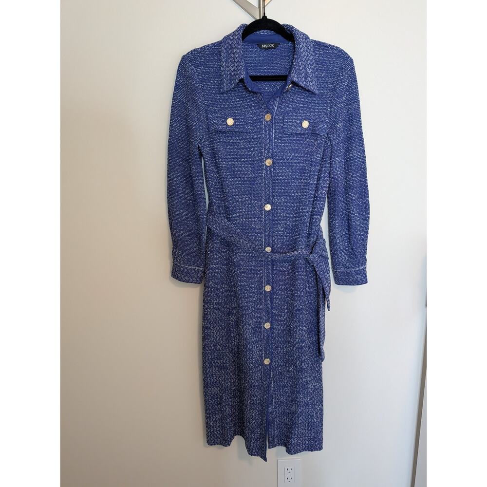 Misook Belted Tweed Knit Midi Dress - Starry Night Blue Size Small - Picture 2 of 12